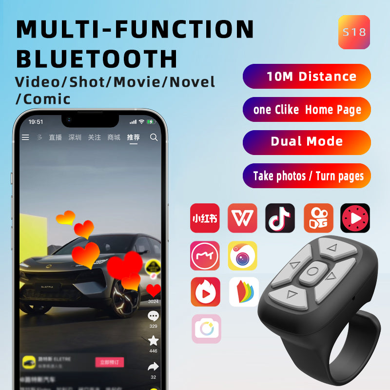 S18 Multifunktions Bluetooth Mobiltelefon Fjernbetjening Trådløs Mobiltelefon APP Controller E-bøger Flipping Remote S18 Multifunktions Bluetooth Mobiltelefon Fjernbetjening Trådløs Mobiltelefon APP Controller E-bøger Flipping Remote